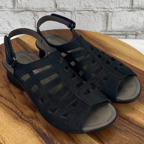 Mephisto Air Relax Womens 7/38 Black Leather Trapezoid Wedge Comfort Sandals - Picture 7 of 13